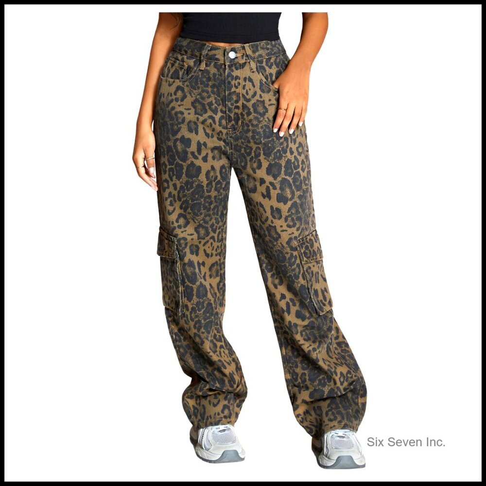 Leopard Print Cargo Pants, Button Front, Zipper Fly, Straight Leg - Picture 1 of 5